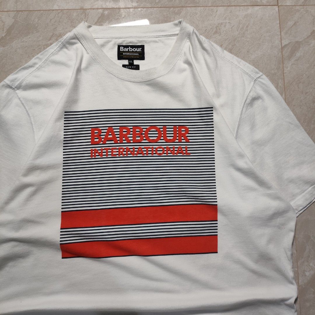 Barbour International White T-shirts (Category: Tshirts & Polo Shirts ) located in Tayabas. Submitted by streetdept.ph (Listing ID 1467445910, Image 3). Description: Barbour International White T-shirts Measurements (inches): Width: 23 Length: 29 Size: XXL on tag fits XL Good condition Flaw: minor stain.