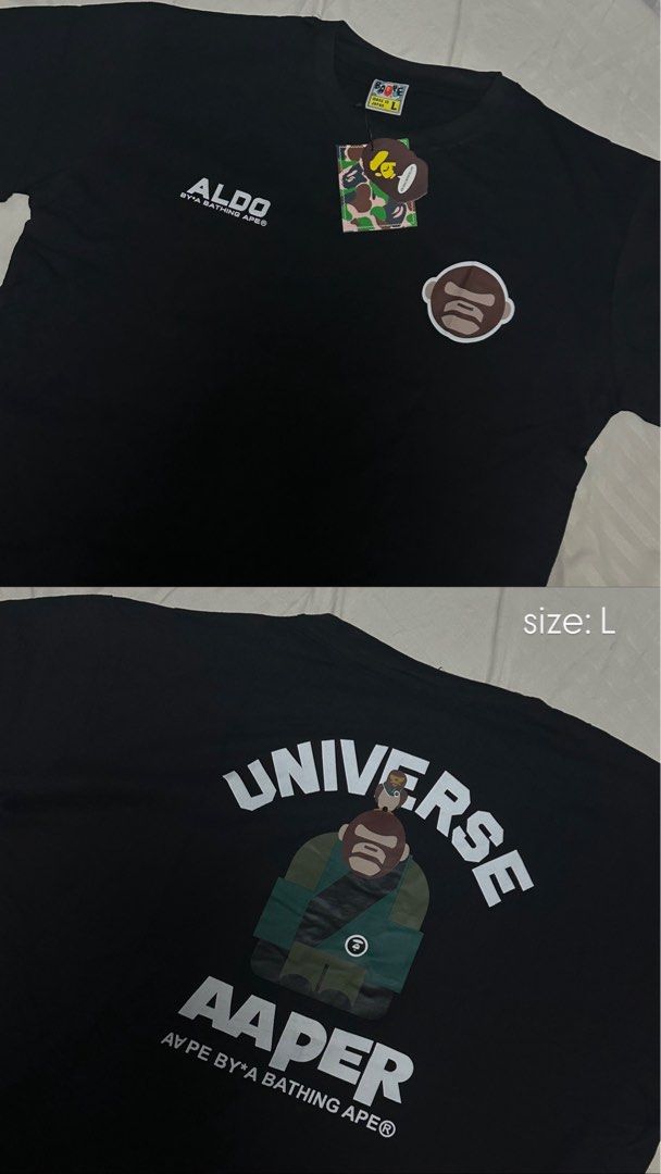 BATHING APE Universe Black T-Shirt (Category: Tshirts & Polo Shirts ) located in Manila. Submitted by jmdrgooddeals (Listing ID 1467378850, Image 1). Description: - Brand: AAPE by A Bathing Ape - Color: Black - Size: L (fits standard) - Condition: Brand new with tags (BNWT) - Origin: Made in Japan - Design: Iconic ape head logo on the front; large 'UNIVERSE' and 'AAPER' graphic print on the back - Quality: Clean graphics with zero cracking.