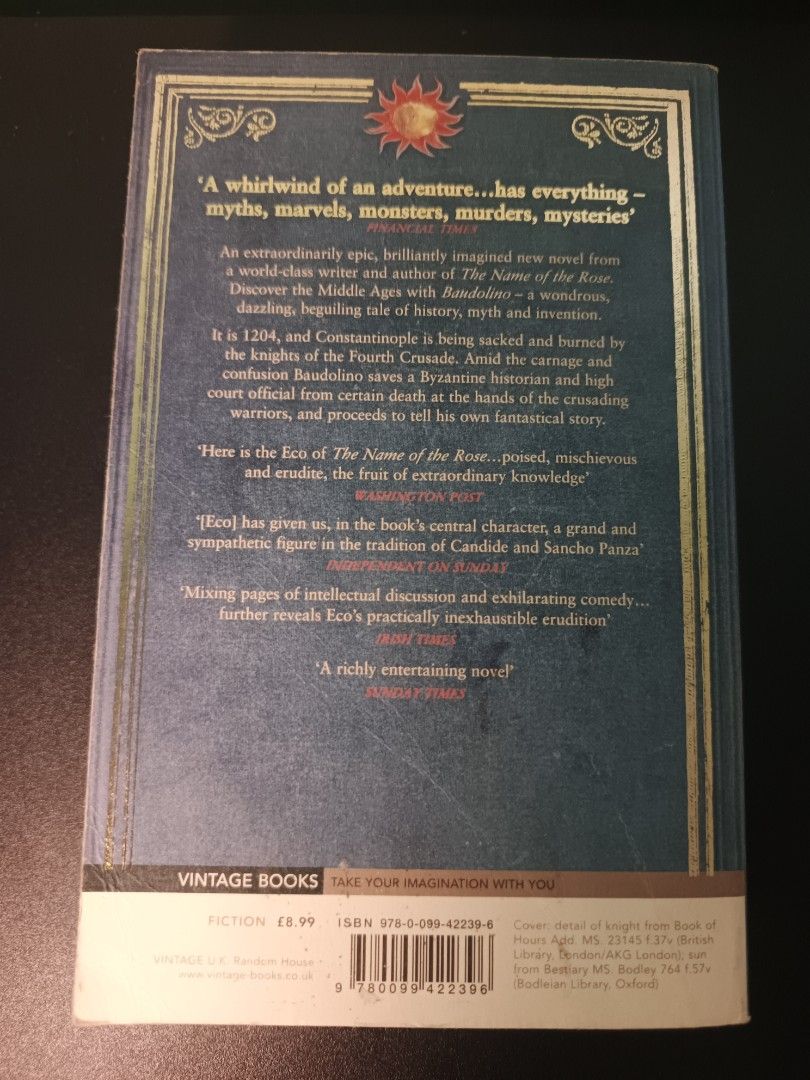 Baudolino - Umberto Eco (Category: Storybooks) located in San Jose. Submitted by otto_wan13 (Listing ID 1467396218, Image 3). Description: -still in good condition -no foxing and tanning -white edges -has light creases on the spine 💵MOP: GCash/Maribank 🚚‎MOD: J&T 📍‎LOC: Batangas 📝‎Payment first 24 hours reservation upon invoice.