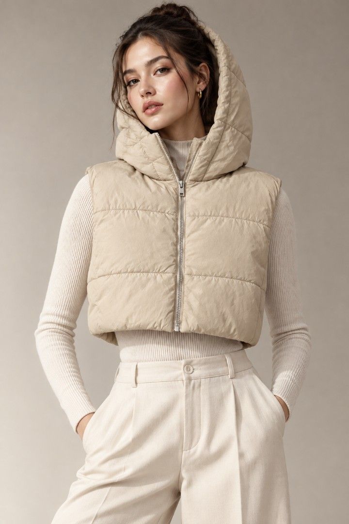 Beige Hooded Puffer Crop Vest (Category: Coats, Jackets and Outerwear) located in San Jose del Monte. Submitted by Skin_Care2022 (Listing ID 1467469746, Image 1). Description: - Color: Neutral beige - Style: Cropped puffer vest with attached hood - Closure: Full front zipper - Design: All-over quilted pattern - Fit: Warm, sleeveless, and non-bulky - Best for: Transitional weather and easy layering with basics like ribbed knit sweaters.