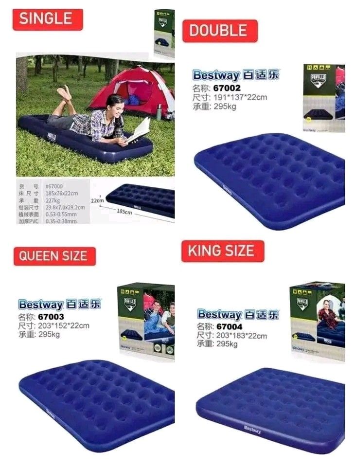BESTWAY INFLATABLE AIR BED (Category: Bed Frames & Mattresses) located in Manila. Submitted by bambooreye87652 (Listing ID 1467543662, Image 1). Description: SIZE AND PRICE: PUMP-150 SINGLE-650 DOUBLE-850 QUEEN-950 KING-1100.