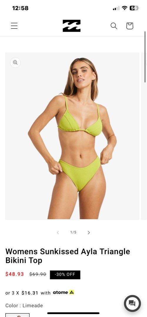 Billabong Sunkissed Ayla Triangle Bikini Top Limeade (Category: Bikinis & Swimsuits) located in Quezon City. Submitted by angge1013 (Listing ID 1467388414, Image 2). Description: - Brand: Billabong - Style: Ayla triangle bikini top - Color: Limeade yellow - Condition: Brand new with original store tags attached, never worn - Material: 96% polyamide, 4% elastane (textured crinkle fabric) - Features: Adjustable straps and small metal logo charm on 