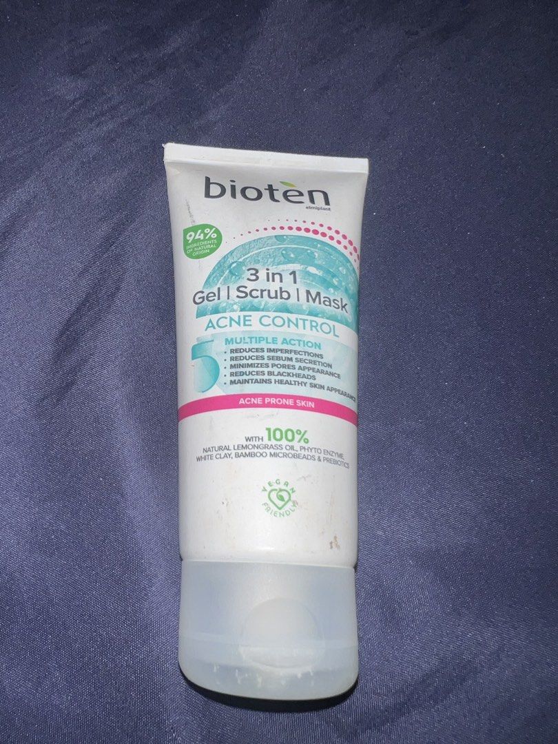 Bioten 3 in 1 Gel Scrub Mask Acne Control 100ml (Category: Face Care) located in Carmona. Submitted by tonette95 (Listing ID 1467453036, Image 1). Description: - Product: Bioten Acne Control 3-in-1 Gel, Scrub & Mask (100ml) - Skin Type: Ideal for acne-prone skin - Key Benefits: Reduces imperfections, excess sebum, enlarged pores, and blackheads - Natural Ingredients: 94% natural origin including lemongrass oil, phyto enzyme, white clay, bamboo mi