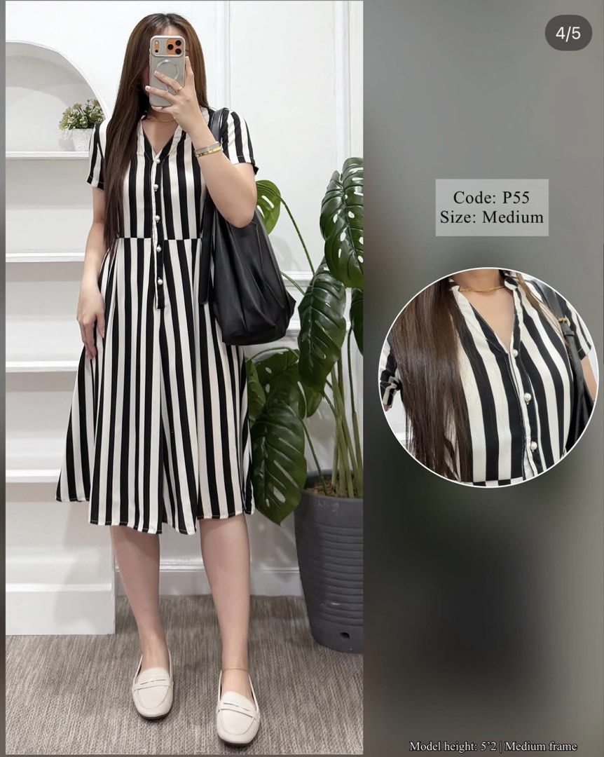 Black and White Striped Midi Dress Medium (Category: Dresses) located in Paranaque City. Submitted by khamsay (Listing ID 1467374616, Image 1). Description: - Style: Classic black and white vertical stripes - Size: Medium - Design: V-neckline with front buttons, short sleeves, and a flattering fit and flare silhouette - Length: Below the knees (midi) - Model Reference: 5'2", medium frame - Soft fabric.