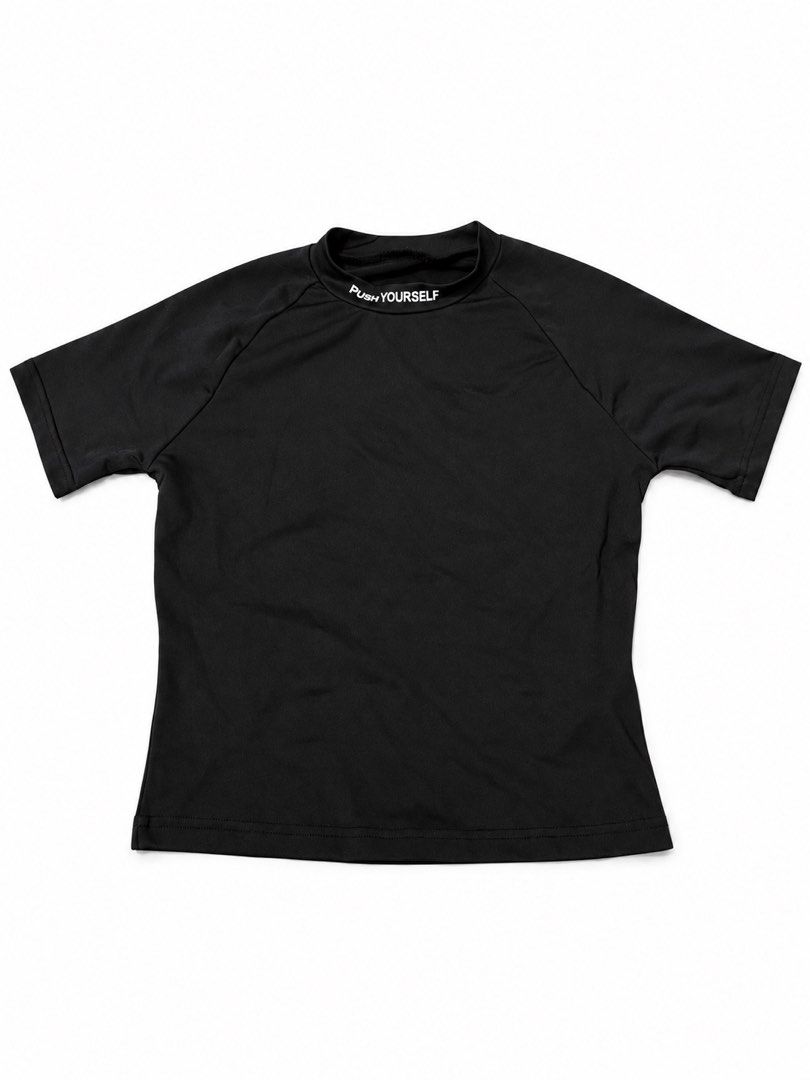 Black Athletic Short Sleeve Shirt with PUSH YOURSELF Text (Category: Shirts) located in Manila. Submitted by jjnnaa (Listing ID 1467575418, Image 1). Description: - Color: Black - Style: Short sleeve athletic top with mock neck - Detail: White 'PUSH YOURSELF' print around the collar - Fabric: Smooth, stretchy, and comfortable for workouts or casual wear Can fit small to medium, stretchy .