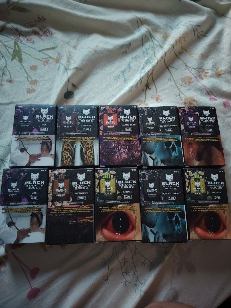 Black MacVacy 80000 Puffs Disposable Vapes Multiple Flavors (Category: Other Gadgets) located in Makati City. Submitted by jayclutter0976004 (Listing ID 1467449394, Image 1). Description: - Item: Black MacVacy 80000 Disposable Vapes - Condition: 100% Brand New, Unopened Packaging - Capacity: 24ml per box - Available Flavors: Ube, Coffee, Watermelon, Black Currant, Lychee, Cheesecake, Banana, Mango, Avocado, and Strawberry.