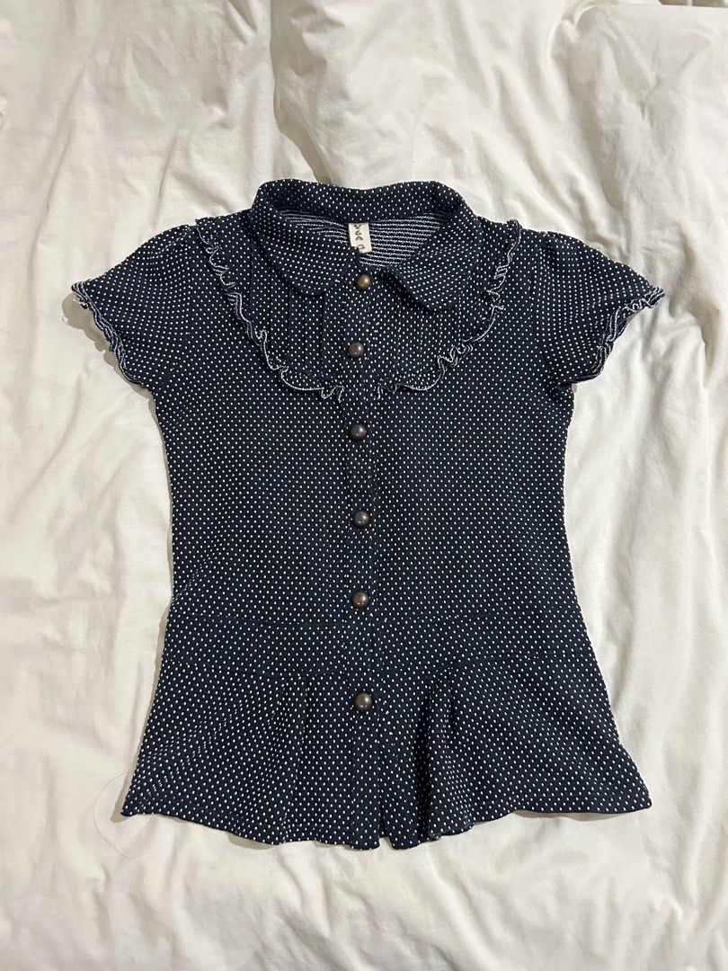 Black Polkadots Button Down Blouse (Category: Blouses) located in Cavite. Submitted by lj.collection (Listing ID 1467407059, Image 1). Description: ✦ Best fits S-M ✦ Thrifted ✦ Functional Buttons ✦ MOD: Lalamove, Grab, J&T ✦ MOP: Gcash, Maya, Maribank, BDO.