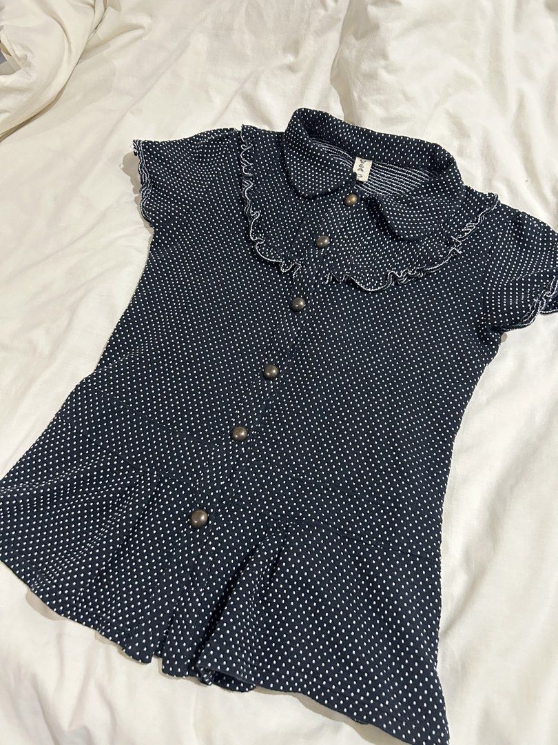 Black Polkadots Button Down Blouse (Category: Blouses) located in Cavite. Submitted by lj.collection (Listing ID 1467407059, Image 3). Description: ✦ Best fits S-M ✦ Thrifted ✦ Functional Buttons ✦ MOD: Lalamove, Grab, J&T ✦ MOP: Gcash, Maya, Maribank, BDO.