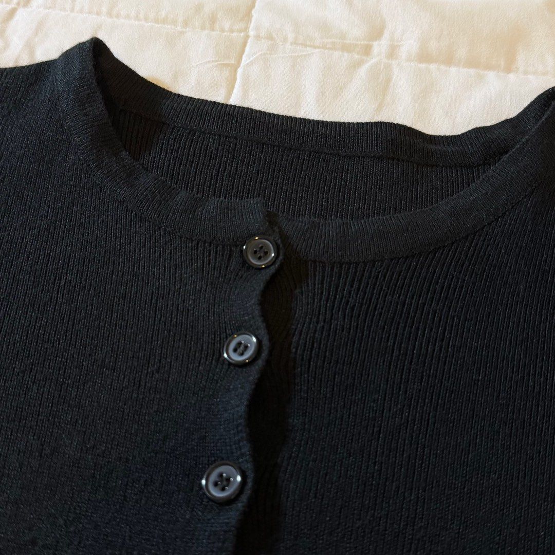 black rib knit button down cardigan (Category: Coats, Jackets and Outerwear) located in Makati City. Submitted by tunap0keb0wl (Listing ID 1467534580, Image 2). Description: rfs: need closet space - fits xs-s - soft lightweight ribbed knit material - button closure - slightly cropped - perfect for layering/coverage in warm weather!.