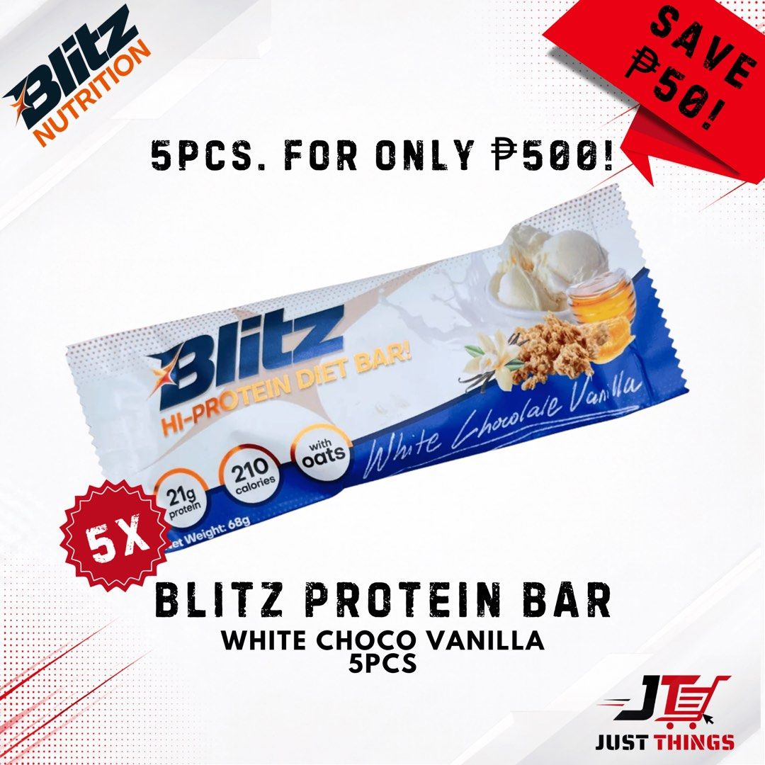 BLITZ PROTEIN BAR — 5PCS PACK (Category: Sports & Fitness Nutrition) located in Bacolod City. Submitted by just_things (Listing ID 1467526655, Image 3). Description: BLITZ PROTEIN BAR — 5PCS PACK Enjoy your favorite BLITZ Protein Bars with this convenient 5-piece pack! Each bar contains 21g of protein, making it a convenient snack for workouts, school, work, travel, or everyday activities. PRICE: ₱500 FOR 5 BARS AVAILABLE FLAVORS: • Chocolate • V