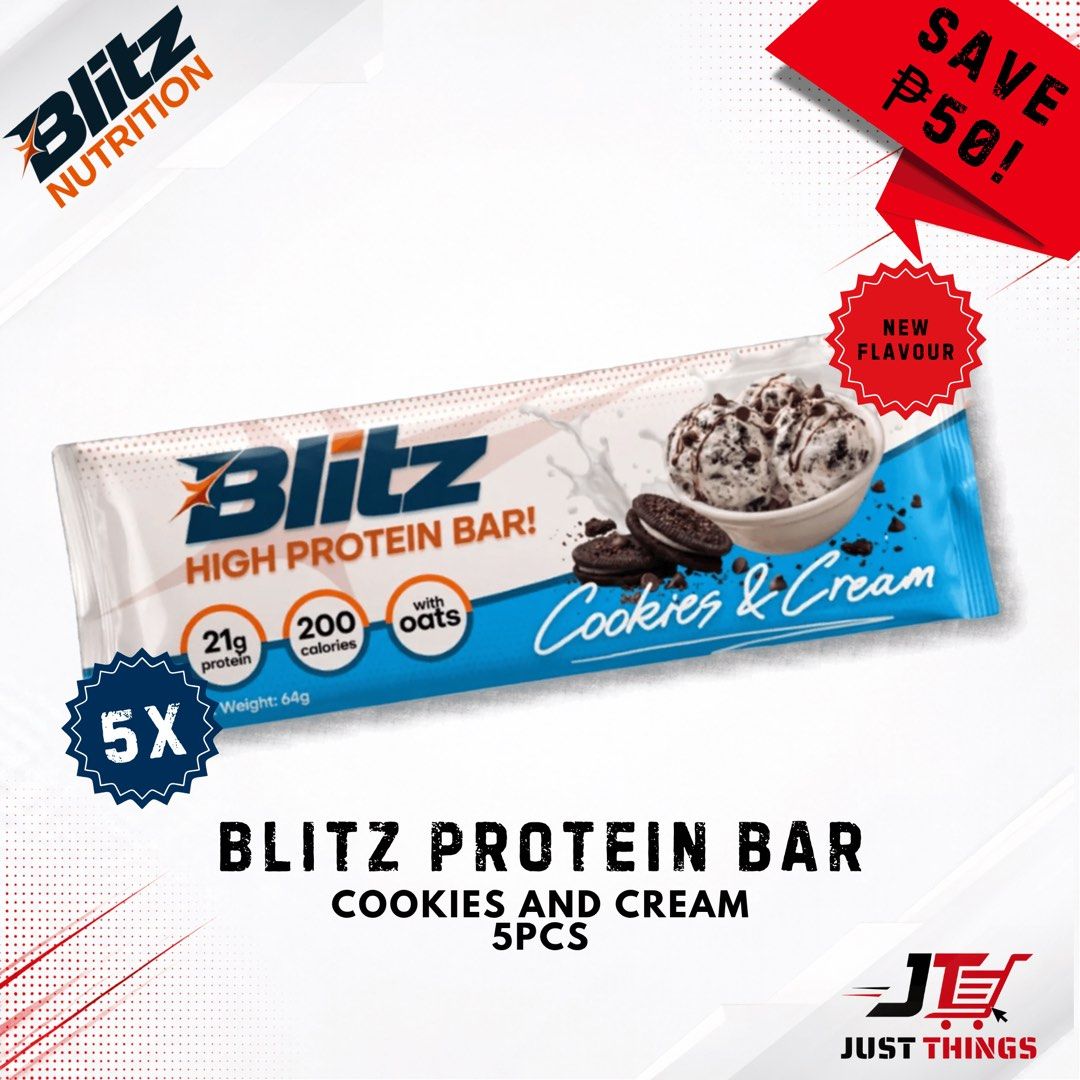 BLITZ PROTEIN BAR — 5PCS PACK (Category: Sports & Fitness Nutrition) located in Bacolod City. Submitted by just_things (Listing ID 1467526655, Image 2). Description: BLITZ PROTEIN BAR — 5PCS PACK Enjoy your favorite BLITZ Protein Bars with this convenient 5-piece pack! Each bar contains 21g of protein, making it a convenient snack for workouts, school, work, travel, or everyday activities. PRICE: ₱500 FOR 5 BARS AVAILABLE FLAVORS: • Chocolate • V