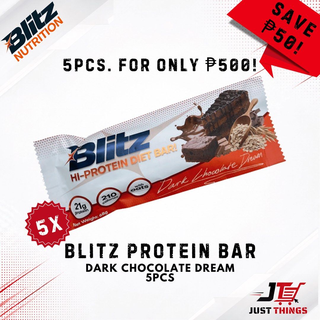 BLITZ PROTEIN BAR — 5PCS PACK (Category: Sports & Fitness Nutrition) located in Bacolod City. Submitted by just_things (Listing ID 1467526655, Image 1). Description: BLITZ PROTEIN BAR — 5PCS PACK Enjoy your favorite BLITZ Protein Bars with this convenient 5-piece pack! Each bar contains 21g of protein, making it a convenient snack for workouts, school, work, travel, or everyday activities. PRICE: ₱500 FOR 5 BARS AVAILABLE FLAVORS: • Chocolate • V