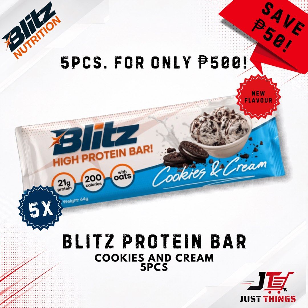 BLITZ PROTEIN BAR — COOKIES & CREAM (Category: Sports & Fitness Nutrition) located in Bacolod City. Submitted by just_things (Listing ID 1467524746, Image 2). Description: BLITZ PROTEIN BAR — COOKIES & CREAM New Flavor Collection Experience the delicious combination of cookies and cream with the newest addition to the BLITZ Protein Bar lineup! Available Options: * 1 Piece — ₱110 * 5 Pieces — ₱500 * 10 Pieces (Power Pack) — ₱950 Product Highlights