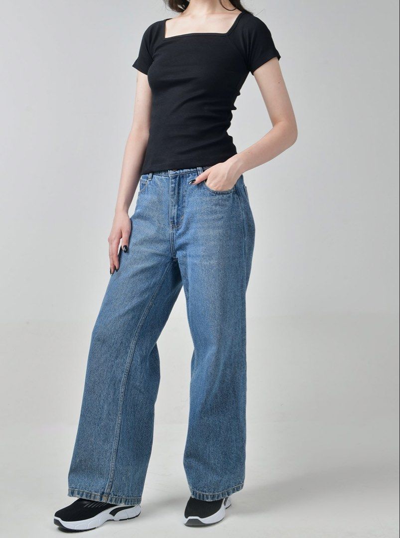 Blue Wide Leg Denim Jeans (Category: Jeans) located in Baguio. Submitted by wise_amarra (Listing ID 1467534346, Image 1). Description: I Z F Baggy Jeans & Square Neck Top - Style: Wide leg, high waist, straight relaxed fit - Wash: Medium blue wash denim - Features: Front pockets, belt loops, clean hems, classic stitching - Pairing: Easy to match with basic tees and sneakers - Condition: Brand new / Excellent quality.