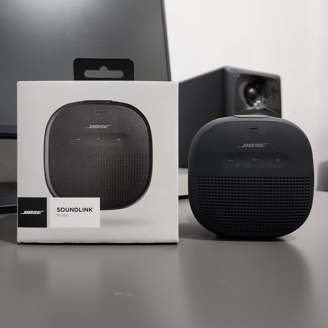 Bose SoundLink Micro Bluetooth Speaker (Category: Soundbars, Speakers & Amplifiers) located in Quezon City. Submitted by flipandfind (Listing ID 1467598810, Image 2). Description: Bose Micro SoundLink I - sound: 10/10, never nagbago tunog. - sounds clean, clear, deep enough bass for wider spaces, and it easily adapts to whatever space you're in - with box, and charger cable - may scratches lang sa likod due to where i used to hang it (check photo