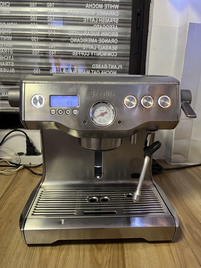 Breville Dual Boiler Espresso Machine (Category: Coffee Machines & Makers) located in Cainta. Submitted by saminjess (Listing ID 1467391450, Image 1). Description: Condition: Functioning well. Powers on and displays correctly, with visible smudges and water marks on the metal casing from normal use. Newly pms Included: machine, portafilter (with extra basket) Rfs: extra unit, used for events Delivery: Heavy unit, pickup preferred but shipping can