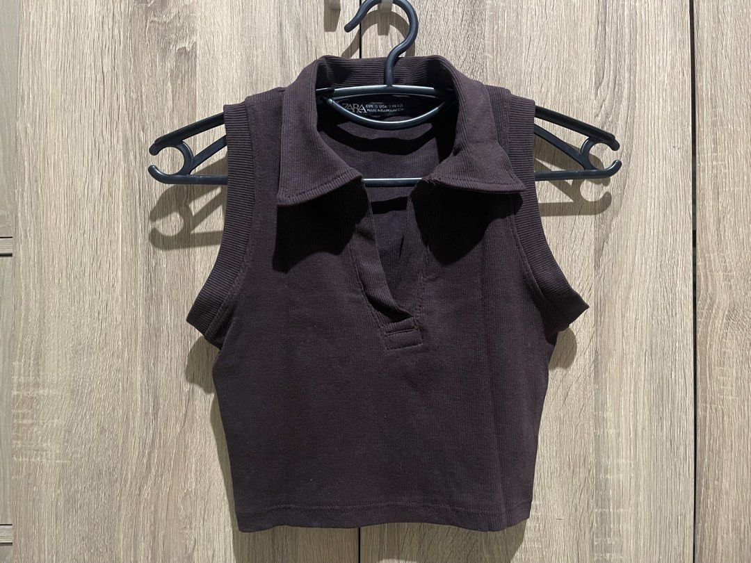 Brown Ribbed Collar Crop Top (Category: Sleeveless) located in Manila. Submitted by preloveditems_jem (Listing ID 1467530063, Image 3). Description: Zara brown ribbed polo collar crop top, size S..
