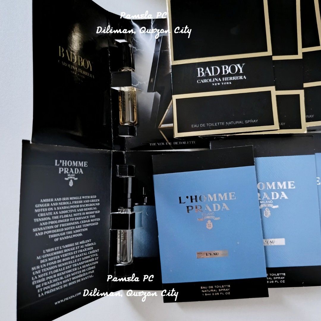 (BUNDLE/SET) SAMPLES: CH Bad Boy EDT 1.5ml + Prada L'Homme L'EAU EDT 1.5ml OLD BATCH (Category: Fragrance & Deodorants) located in Quezon City. Submitted by pam.pc (Listing ID 1467451003, Image 2). Description: ‎📌FIXED/FINAL PRICE ‎📌Bawal sa maselan sa packaging. May obvious flaws like gasgas, creases. OLD BATCH. 5pcs Carolina Herrera Bad Boy EDT 1.5ml 5pcs Prada L'Homme L'eau EDT 1.5ml -all unsprayed/unused ‎-check all photos for batch code an