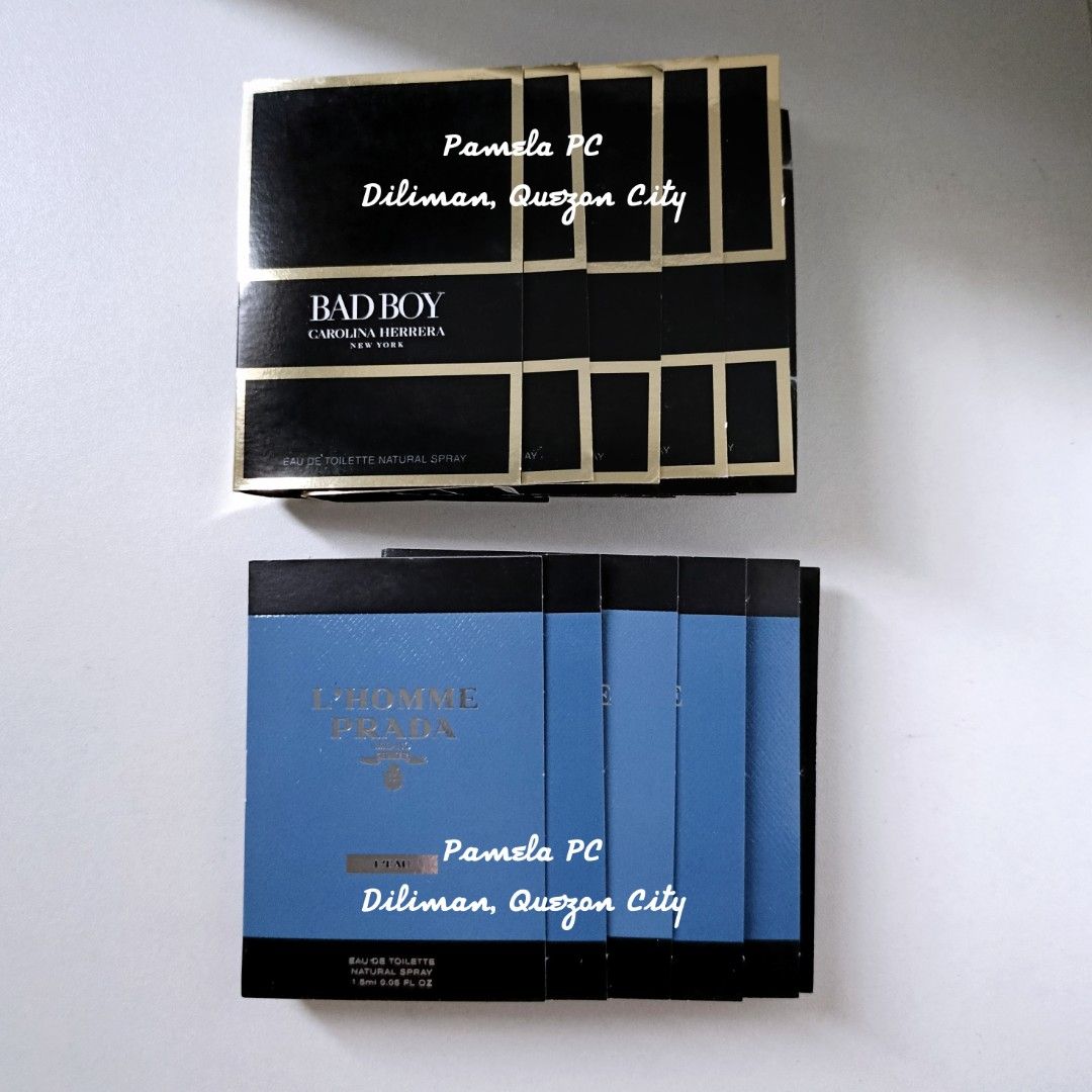 (BUNDLE/SET) SAMPLES: CH Bad Boy EDT 1.5ml + Prada L'Homme L'EAU EDT 1.5ml OLD BATCH (Category: Fragrance & Deodorants) located in Quezon City. Submitted by pam.pc (Listing ID 1467451003, Image 1). Description: ‎📌FIXED/FINAL PRICE ‎📌Bawal sa maselan sa packaging. May obvious flaws like gasgas, creases. OLD BATCH. 5pcs Carolina Herrera Bad Boy EDT 1.5ml 5pcs Prada L'Homme L'eau EDT 1.5ml -all unsprayed/unused ‎-check all photos for batch code an