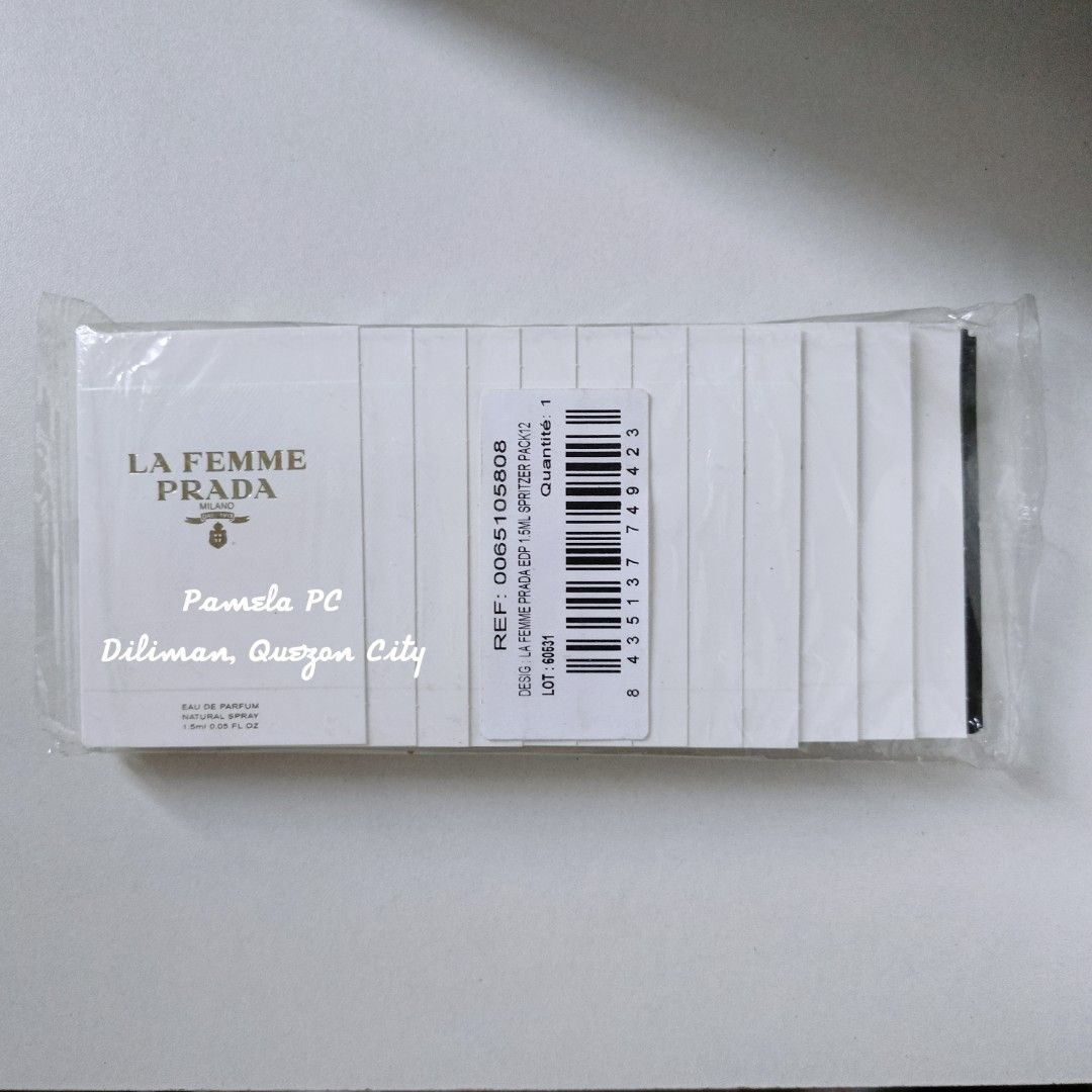 (BUNDLE/SET) SAMPLES: Prada La Femme EDP 1.5ml (OLD BATCH) (Category: Fragrance & Deodorants) located in Quezon City. Submitted by pam.pc (Listing ID 1467459137, Image 1). Description: ‎📌FIXED/FINAL PRICE ‎📌Bawal sa maselan sa packaging. May obvious flaws like gasgas sa plastic, creases sa card sleeves. OLD BATCH. 12pcs Prada La Femme EDP 1.5ml (sealed pack) -all unsprayed/unused ‎-check all photos for batch code and other details TAKE ALL: 800