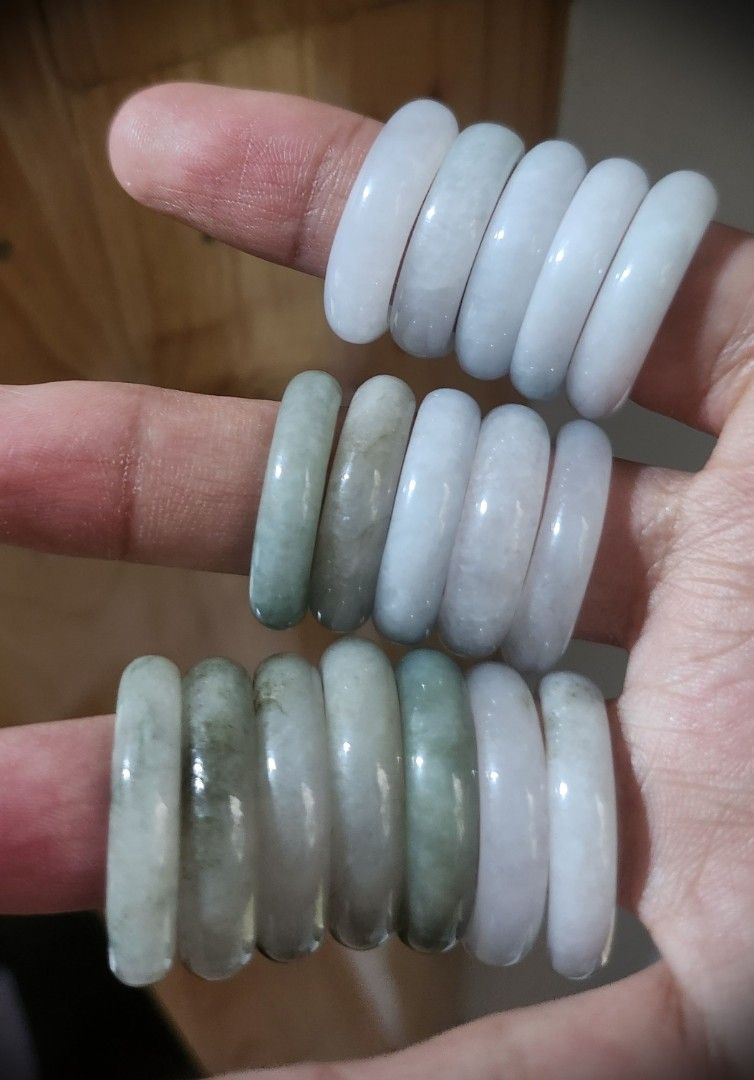 Burmese Jadeite Bangle Rings (Category: Rings) located in Baguio. Submitted by lausgem2026 (Listing ID 1467443308, Image 2). Description: -Burmese Jadeite Bangle Rings with colors ranging from white, light yellow, and light green. -First Row (Index Finger): 18mm+ diameter sizes -Second Row (Middle Finger): 19mm+ diameter sizes -Third Row (Ring Finger): 20mm+ diameter sizes (DM to check for color and size availability) Note: 180PHP/pc 300PHP/2 pcs