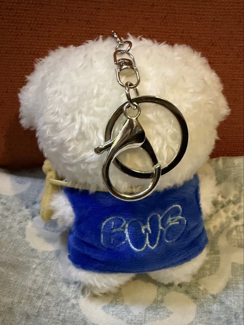 Byeon Woo Seok Special Edition BWS Keyring (Category: K-Wave Merchandise) located in Los Banos. Submitted by trinaleah (Listing ID 1467366036, Image 3). Description: - Byeon Woo Seok Special Edition plush keyring - Fluffy white bear with blue vest and yellow crossbody bag - Features 'BWS' embroidered initials on the back and blue heart paw prints - Equipped with a sturdy metal lobster clasp - Comes complete with the original light blue packaging 