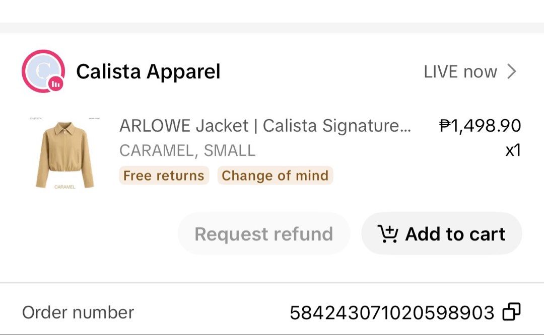 Calista Apparel ARLOWE Jacket Caramel Small (Category: Coats, Jackets and Outerwear) located in Antipolo. Submitted by laikaandrea_ (Listing ID 1467548264, Image 2). Description: - Brand: Calista Apparel - Style: Arlowe Jacket - Color: Caramel Brown - Size: Small - Details: Collared neckline, front zipper closure, two vertical slip pockets - Fit: Cropped cut with an elasticized bottom hem - Condition: Lightly used (worn once), purchased directly 