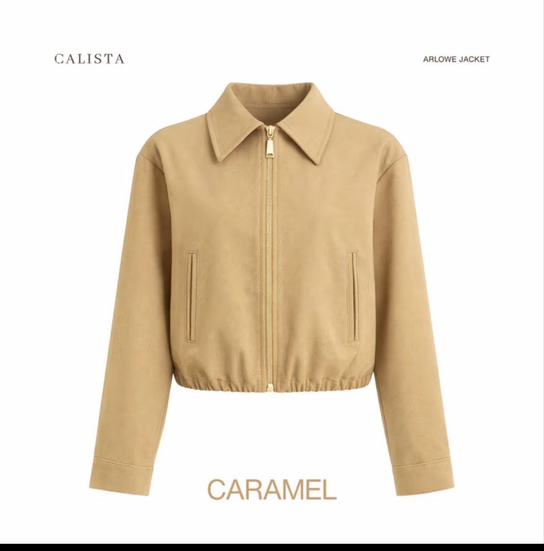 Calista Apparel ARLOWE Jacket Caramel Small (Category: Coats, Jackets and Outerwear) located in Antipolo. Submitted by laikaandrea_ (Listing ID 1467548264, Image 1). Description: - Brand: Calista Apparel - Style: Arlowe Jacket - Color: Caramel Brown - Size: Small - Details: Collared neckline, front zipper closure, two vertical slip pockets - Fit: Cropped cut with an elasticized bottom hem - Condition: Lightly used (worn once), purchased directly 