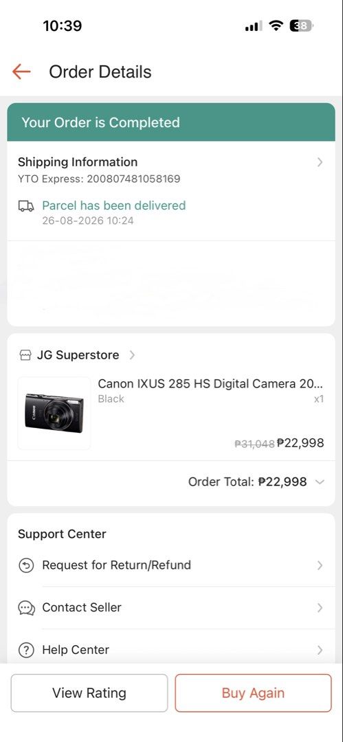 Canon IXUS 285 HS Digital Camera Black (Category: Cameras) located in Taguig. Submitted by slnnvs (Listing ID 1467363443, Image 2). Description: - Item: Canon IXUS 285 HS - Color: Black - Condition: Like new, fully tested and working perfectly - Purchase Info: Bought from JG Superstore - 🍊app (Order completed: August 26, 2026) - Original Price: ₱22,998 - Inclusions: Complete with original box, charger, cables, and manuals - Freebies: Includes a 
