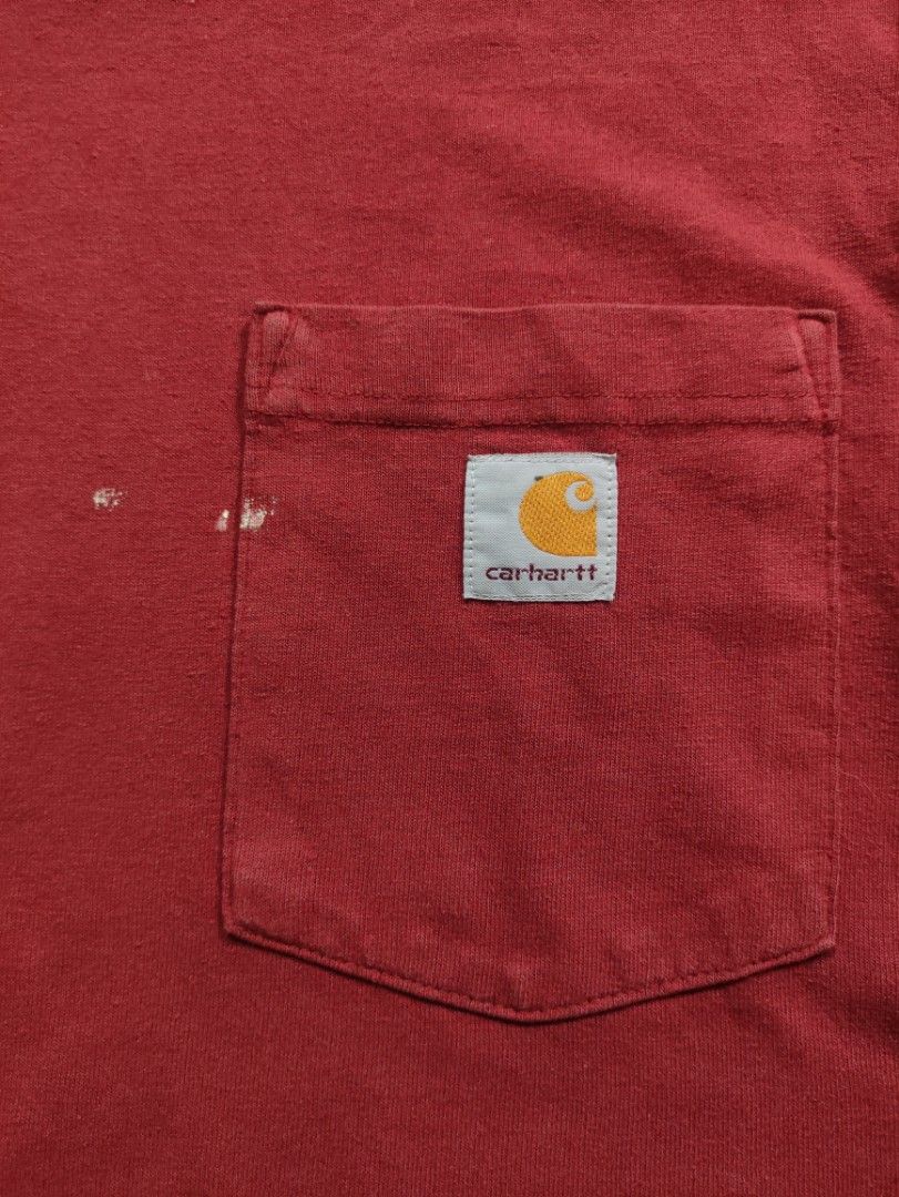 Carhartt K87 637 RED Pocket Tee (Category: Tshirts & Polo Shirts ) located in Calamba. Submitted by alorbis96758 (Listing ID 1467462948, Image 3). Description: Chest Width : 20.5" Length : 30" Best Fit : Small Tall Color Rate : 9.2 Flaws : Paint/Dirt Stain.