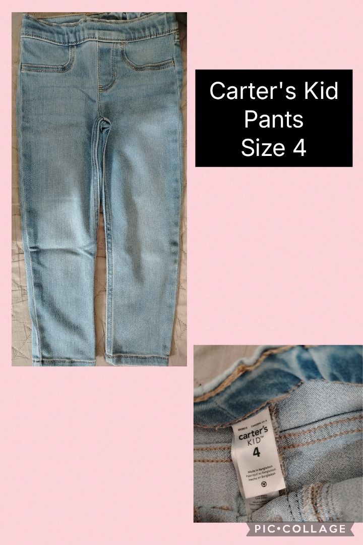 Carter's Kid Pants Size 4 (Category: Babies & Kids Fashion) located in Pasig City. Submitted by cherryblossoms.2016 (Listing ID 1467521194, Image 1). Description: - Brand: Carter's - Size: Kids 4 - Color/Wash: Light wash denim - Waistband: Elastic (pull-on style) - Pockets: Faux pockets in front - Condition: Clean tag attached - Origin: Made in Bangladesh - Perfect for everyday comfortable wear.