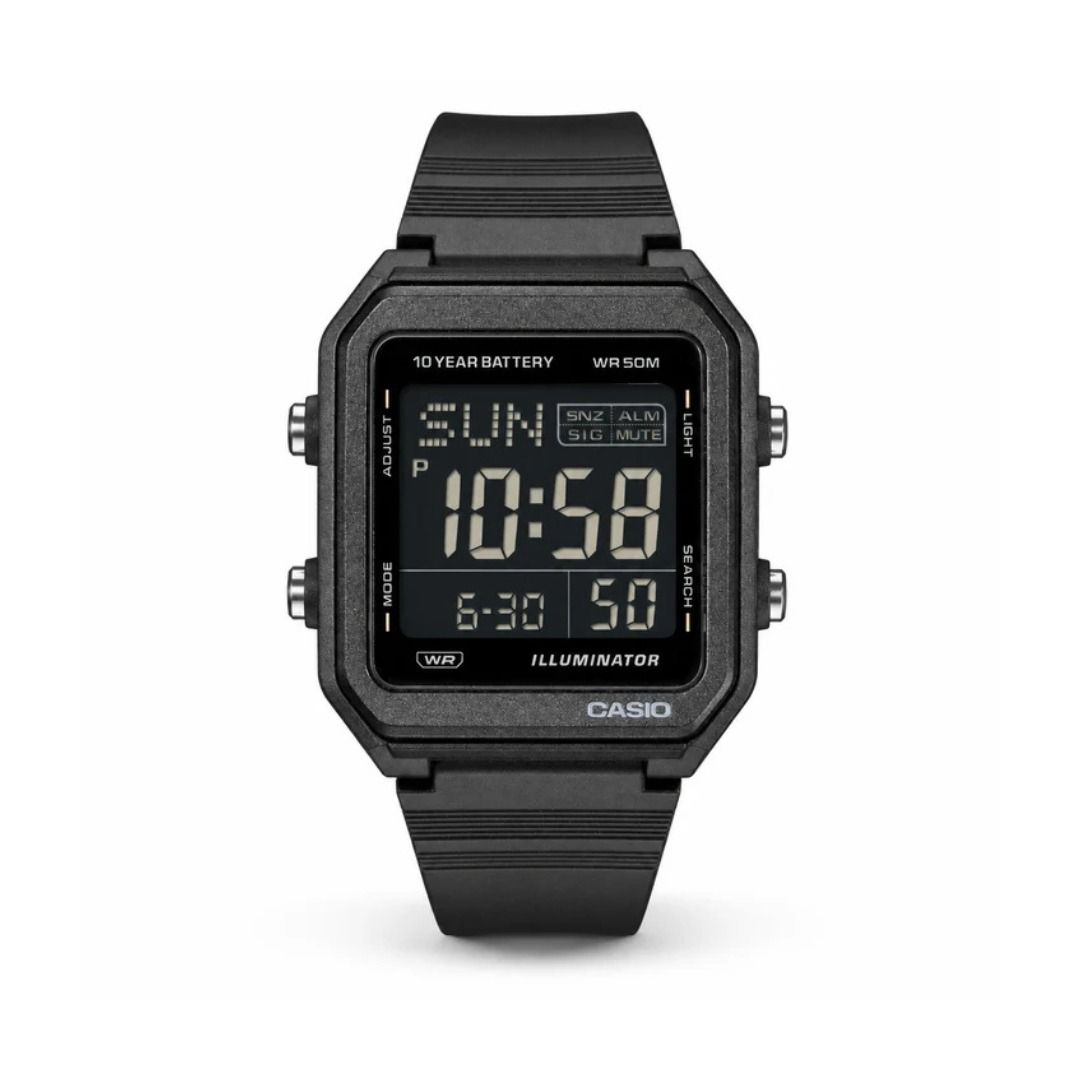 CASIO W-221H-1BV (Category: Men's Watches) located in Makati City. Submitted by Xerberus (Listing ID 1467492854, Image 1). Description: Slip on a simple, yet practical digital watch with a boldly angular design. With large LCD for outstanding visibility, LED backlight for an easy read, and a 10-year battery that keeps you going for years, this watch is also packed with handy functions like world time, stopwatch, alarm, timer, full-auto calendar, 