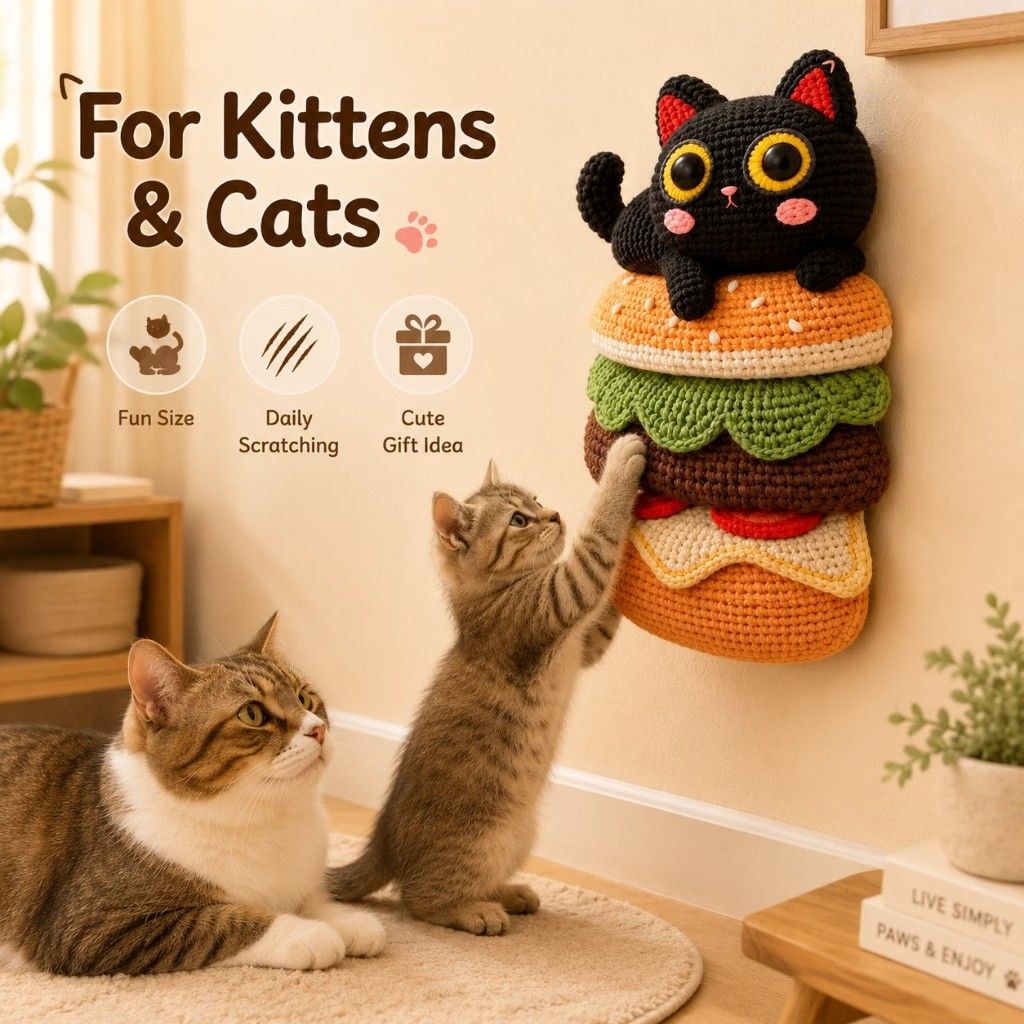 Cat Scratching Post Wall Mount Cute Burger Black Cat (Category: Homes & Other Pet Accessories) located in Cebu City. Submitted by jerilmuy46712 (Listing ID 1467380718, Image 2). Description: P850 free shipping - Adorable burger design featuring a cute black cat plush on top - Made with durable natural sisal fibers to satisfy scratching instincts and save your walls/furniture - Keeps indoor cats and kittens active, entertained, and happy - Doubles