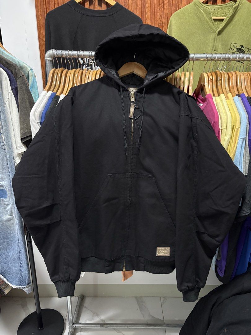 C.E. Schmidt Workwear Black Hooded Canvas Jacket Size L Tall (Category: Coats, Jackets and Outerwear) located in Paranaque City. Submitted by arcvintage (Listing ID 1467461754, Image 1). Description: Size: Large tall Chest: 26.5” Length: 29” Flaws: Color rate: 9.5/10 ₱1000 plus shipping fee. ________________________________________ Sizing is determined by measurements not by the garment tag. ________________________________________ Disclaimer: Ar