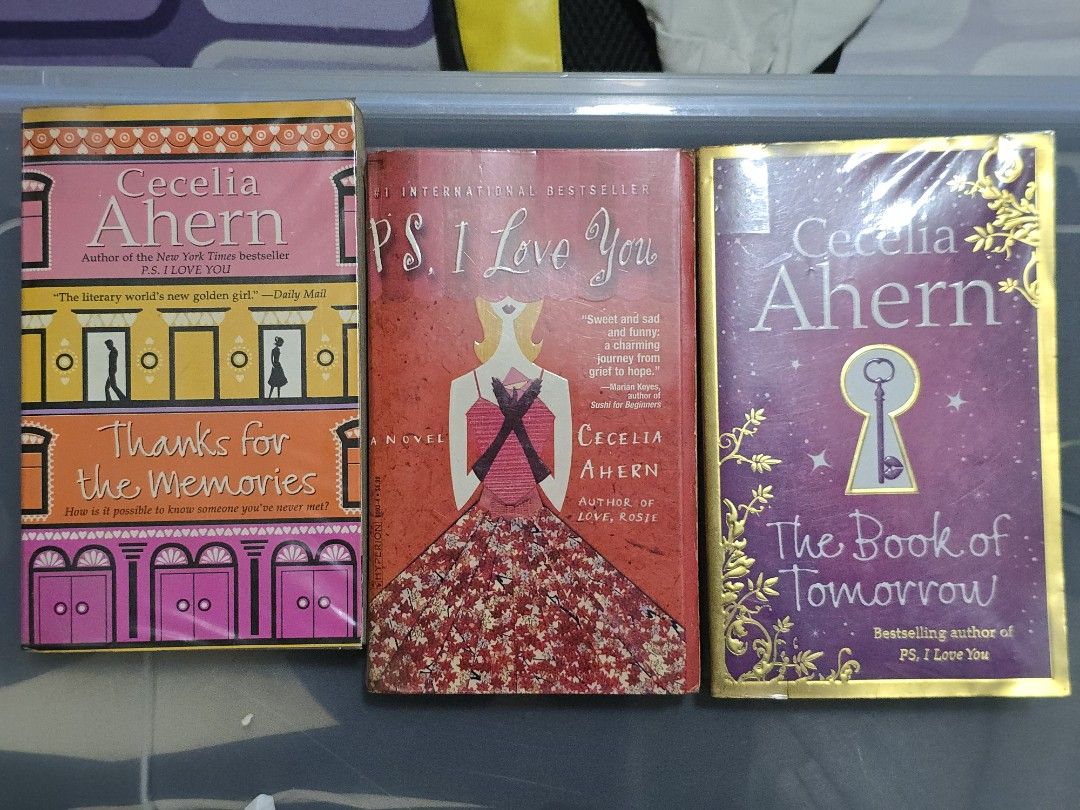 Cecelia Ahern Novel set (Category: Storybooks) located in Quezon City. Submitted by moonstruckery (Listing ID 1467508211, Image 1). Description: Bundle of 3 novels by Cecelia Ahern - Thanks for the Memories - P.S. I Love You - The Book of Tomorrow Format: Paperback Condition: With clear plastic protective covers, no major damage but old and yellowing - Genre: romance and drama.
