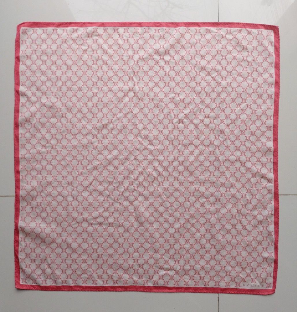 Celine Pink Macadam Pattern Handkerchief Scarf (Category: Handkerchief & Pocket Squares) located in Lapu Lapu. Submitted by agnesapm_29813 (Listing ID 1467507382, Image 3). Description: - Brand: Celine - Design: Classic Macadam monogram with solid pink border and logo detail - Size: Square, approx. 19.5" x 19.5" - Material: Soft and lightweight fabric - Condition: Clean edges with neat stitching - Versatile styling: Great for neck, hair, bag, or 