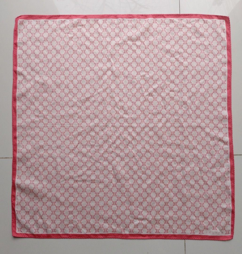 Celine Pink Macadam Pattern Handkerchief Scarf (Category: Handkerchief & Pocket Squares) located in Lapu Lapu. Submitted by agnesapm_29813 (Listing ID 1467507382, Image 2). Description: - Brand: Celine - Design: Classic Macadam monogram with solid pink border and logo detail - Size: Square, approx. 19.5" x 19.5" - Material: Soft and lightweight fabric - Condition: Clean edges with neat stitching - Versatile styling: Great for neck, hair, bag, or 