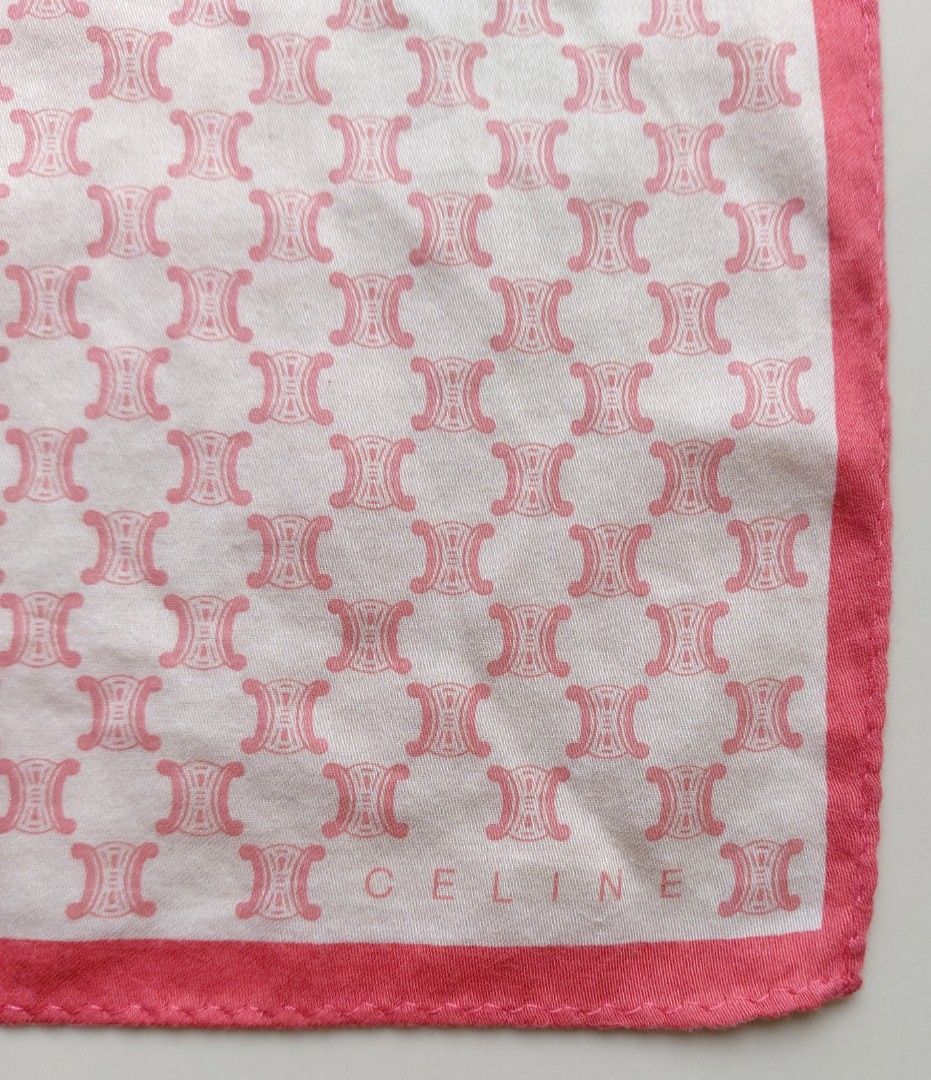 Celine Pink Macadam Pattern Handkerchief Scarf (Category: Handkerchief & Pocket Squares) located in Lapu Lapu. Submitted by agnesapm_29813 (Listing ID 1467507382, Image 1). Description: - Brand: Celine - Design: Classic Macadam monogram with solid pink border and logo detail - Size: Square, approx. 19.5" x 19.5" - Material: Soft and lightweight fabric - Condition: Clean edges with neat stitching - Versatile styling: Great for neck, hair, bag, or 