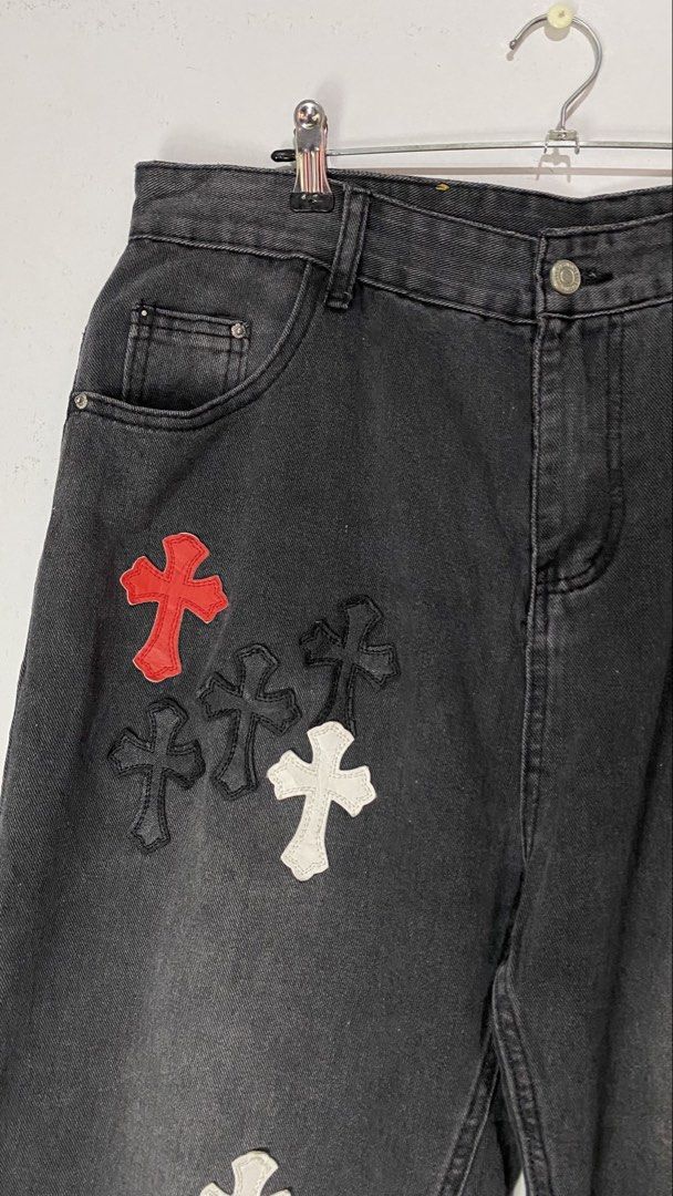 CH PANTS (Category: Jeans) located in Jaen. Submitted by oshimamark58418 (Listing ID 1467450765, Image 3). Description: - Brand: Chrome Hearts style (CH) - Color: Washed black - Size: XL (Waist 36) - Design: Statement denim pants featuring contrasting cross patches in black, white, and red - Fit: Comfortable straight or relaxed fit for everyday streetwear - Condition: Pre-loved, well-maintained, great overall quality.