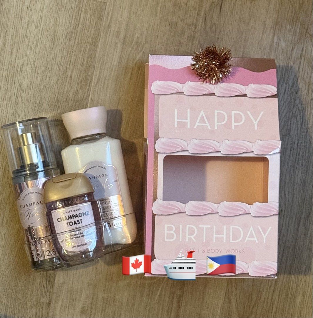 Champagne Toast Travel size set (Category: Body Care) located in Balungao. Submitted by kateee21 (Listing ID 1467386215, Image 1). Description: ✅ 💯 Original/ Authentic Bath and Body Works Canada 🇨🇦 store bought ❌ NO LOWBALL OFFERS PLEASE, LAST PRICE POSTED 📌📌📌 Available PINAS 🇵🇭 ON HAND 🛳 Shipped from Canada 🇨🇦 to Philippines 🇵🇭 via sea cargo 📦; Local Shipping fee c/o buyer.