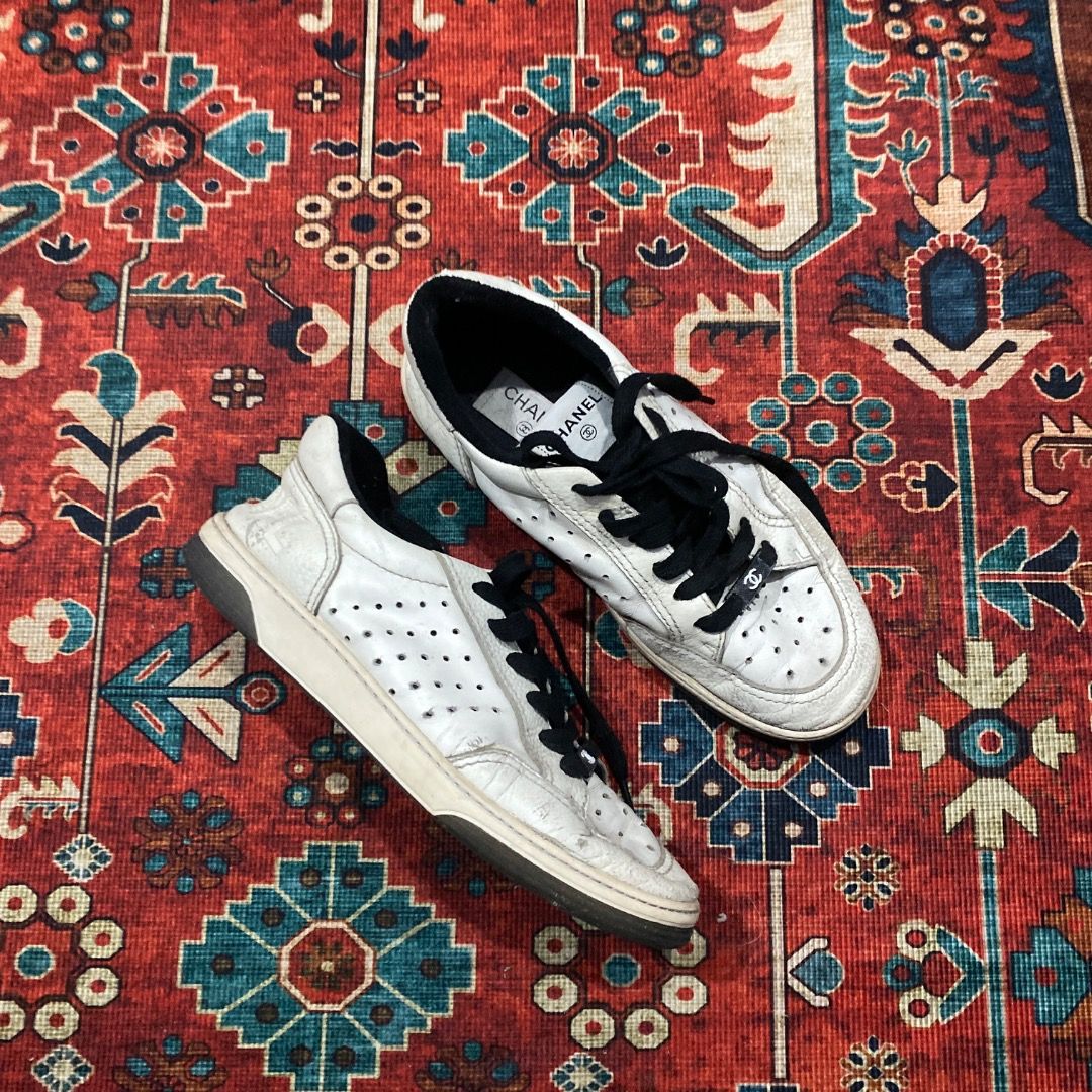 Chanel Calfskin Trainer Sneaker 40 (Category: Sneakers) located in Antipolo. Submitted by bentakahitanoano (Listing ID 1467501048, Image 2). Description: Still in good condition Size 40 fit 7US womens Looks beater but it looks better that way and it gives character onto the shoes Golden goose alternative type shii Normal sign of usage - creases and scuff - heeldrag.
