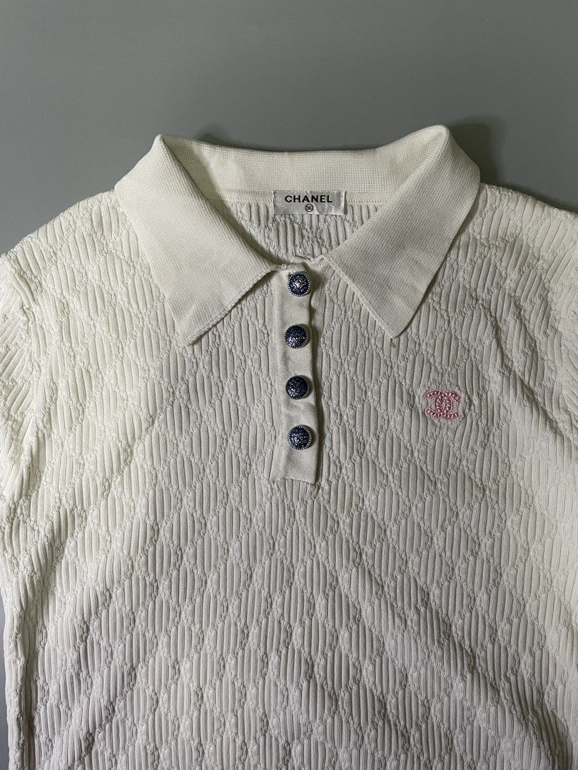 Chanel Knitted polo shirt (Category: Luxury Apparel) located in Bocaue. Submitted by mosthighcollective (Listing ID 1467384328, Image 2). Description: Chanel Knitted polo shirt Size: 36 on tag (S to M) Dimes: 17.5 width 22.5 length Good as new condition No issue 2500 only Dm me to purchase 📥.