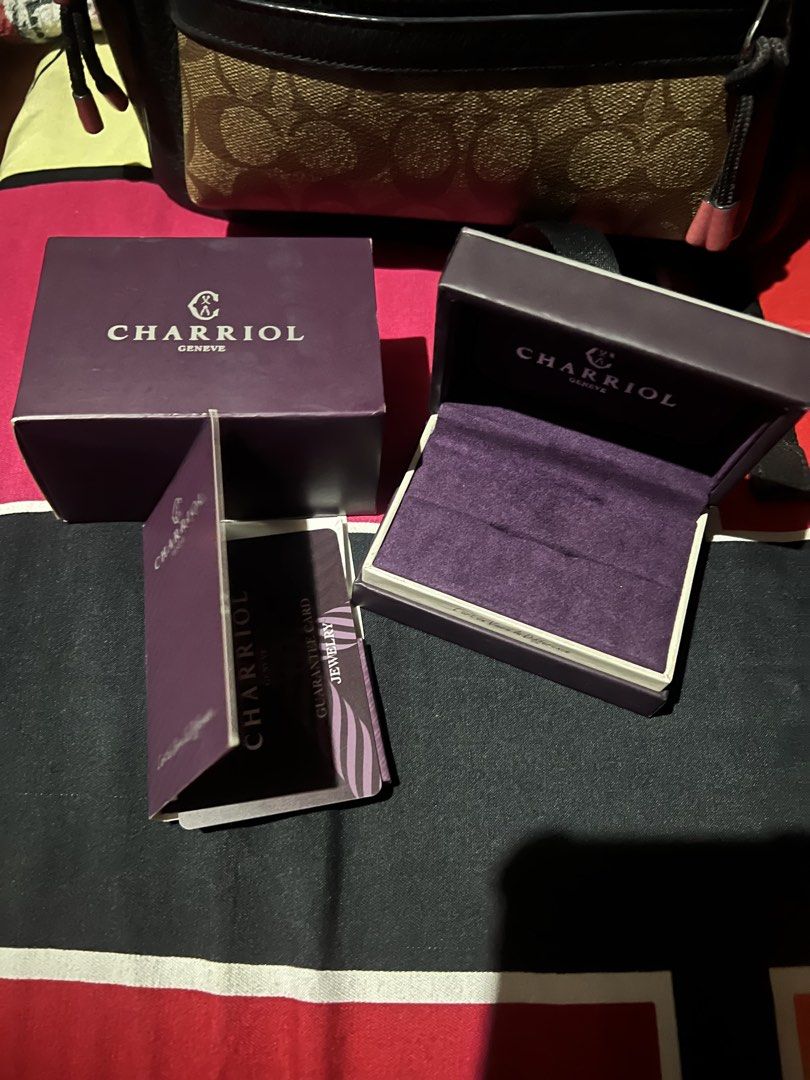 Charriol Celtic Ring Box with Guarantee Card (Category: Rings) located in Caloocan City. Submitted by glamorouslysexy (Listing ID 1467366027, Image 1). Description: - 100% Authentic Charriol packaging set for Celtic ring - Includes outer purple box 1 side flap teared and inner hinged velvet-lined box - Comes with original guarantee card and instruction booklet - Warranty card details: Ref D2-01-00142 M, dated Feb 6, 2021 - Ideal as a replacement 