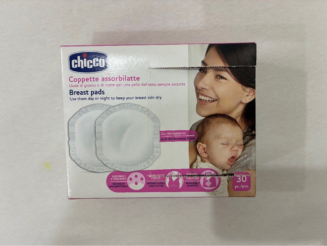 Chicco Breast Pads (Category: Breastfeeding & Bottle Feeding) located in Paranaque City. Submitted by mamamimomu (Listing ID 1467387781, Image 1). Description: Open box Individually wrapped breast pads .