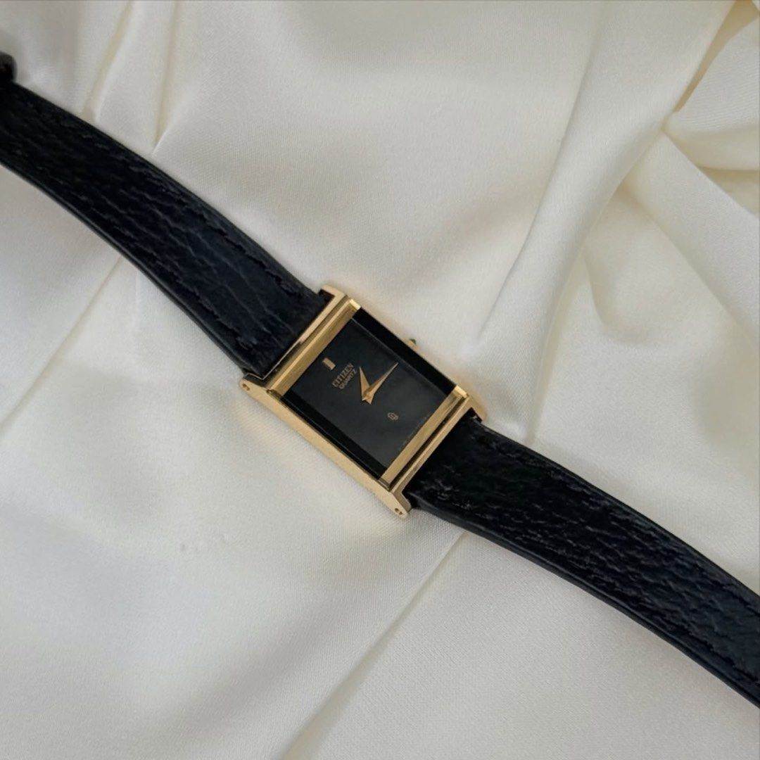 Citizen Mini Tank Black Gold Ladies (Category: Women's Watches) located in Lipa City. Submitted by watchoutph (Listing ID 1467549459, Image 1). Description: Citizen Mini Tank Rare Black gold 1970s Black onyx crown Deep black dial Gold case and accents Quartz 24.8x16.3mm ₱8,500 (reposted with leather black strap).