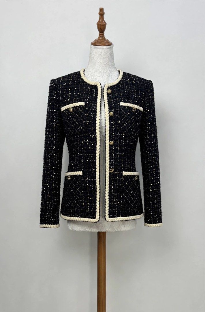 Classic Black Tweed Jacket with White Braided Trim (Category: Coats, Jackets and Outerwear) located in Cainta. Submitted by dark_angel1824 (Listing ID 1467446403, Image 1). Description: - Classic black tweed jacket with striking white braided trim - Features elegant decorative gold-toned buttons - Practical front patch pockets and long sleeves - Structured fit with a timeless silhouette - Perfect for work, formal events, or smart-casual outfits.