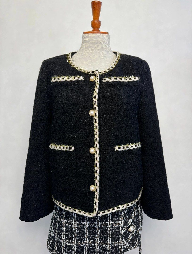 Classic Black Tweed Jacket with White Braided Trim (Category: Coats, Jackets and Outerwear) located in Cainta. Submitted by dark_angel1824 (Listing ID 1467446403, Image 2). Description: - Classic black tweed jacket with striking white braided trim - Features elegant decorative gold-toned buttons - Practical front patch pockets and long sleeves - Structured fit with a timeless silhouette - Perfect for work, formal events, or smart-casual outfits.