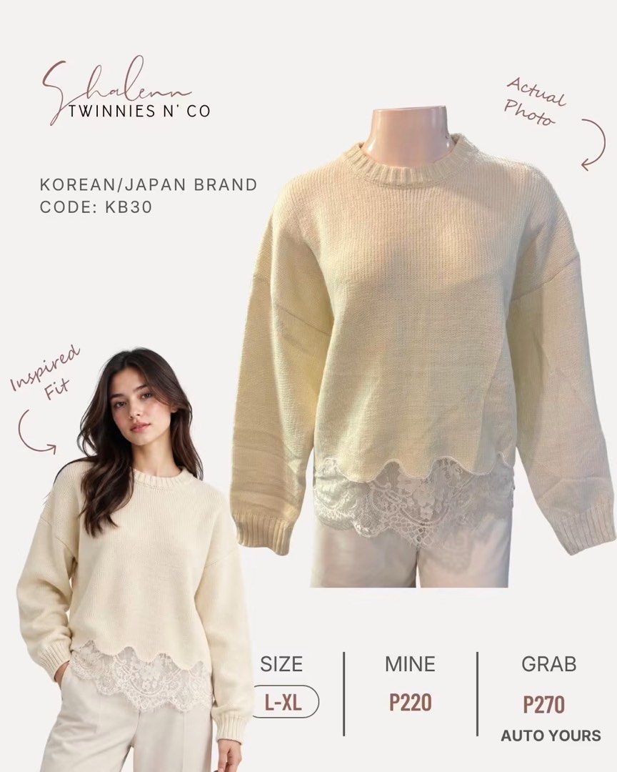 Classy cream Knitted sweater with lace (Category: Longsleeves) located in Baguio. Submitted by twinniesnco (Listing ID 1467391258, Image 1). Description: .
