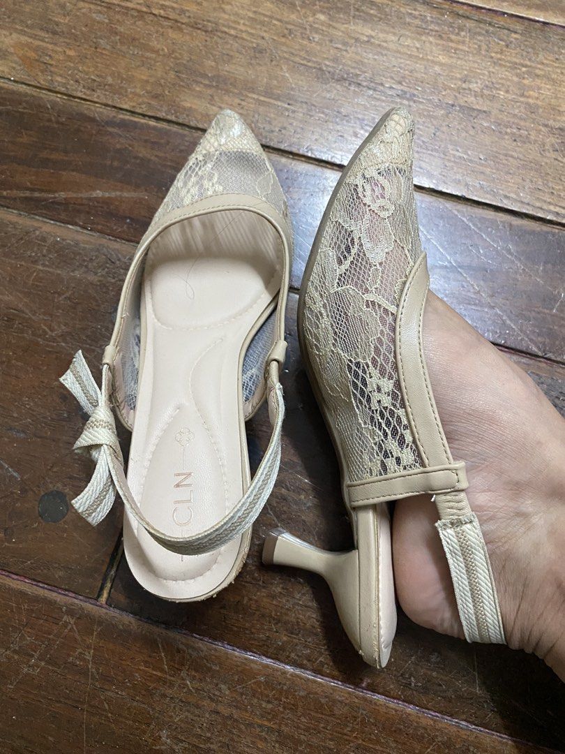 CLN Nude Lace Pointed-Toe Slingback Heels (Category: Heels) located in Manila. Submitted by safeturtle_ed18ab (Listing ID 1467370877, Image 3). Description: - Brand: CLN - Style: Nude slingback kitten heels with pointed toe - Details: Sheer lace overlay on sides and front, elastic back strap with side tie - Condition: Worn only a couple of times indoors, very clean insoles, minimal wear on soles - Ideal for: Office wear, dates, and special occasi
