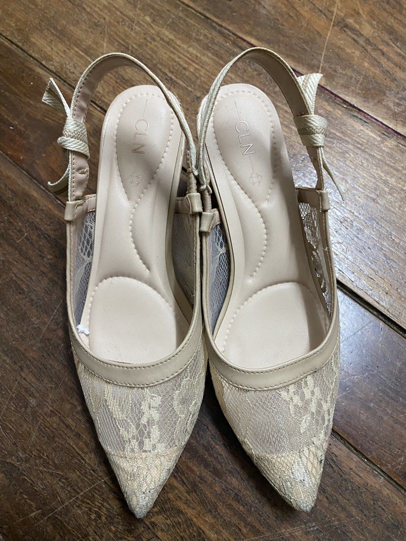 CLN Nude Lace Pointed-Toe Slingback Heels (Category: Heels) located in Manila. Submitted by safeturtle_ed18ab (Listing ID 1467370877, Image 1). Description: - Brand: CLN - Style: Nude slingback kitten heels with pointed toe - Details: Sheer lace overlay on sides and front, elastic back strap with side tie - Condition: Worn only a couple of times indoors, very clean insoles, minimal wear on soles - Ideal for: Office wear, dates, and special occasi
